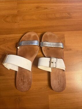 kate spade White & Silver Buckle Two‑Strap Slide Sandals
